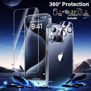 [5 in 1] UniqueMe Designed for iPhone 15 Pro Max Case [Not-Yellowing] with 2pcs Tempered Glass Screen Protector + 2pcs Camera Lens Protector, [Military Grade Protection] Shockproof, Anti-Scratch Kit-Clear